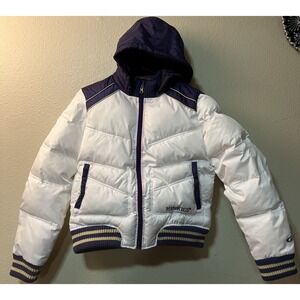 Huskies Women's White and Navy Puffer Jacket with Hood